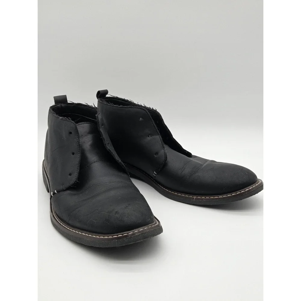 Mens Black Leather Chukka Desert Boots Mid Top Round Toe Contrast‎ Stitching